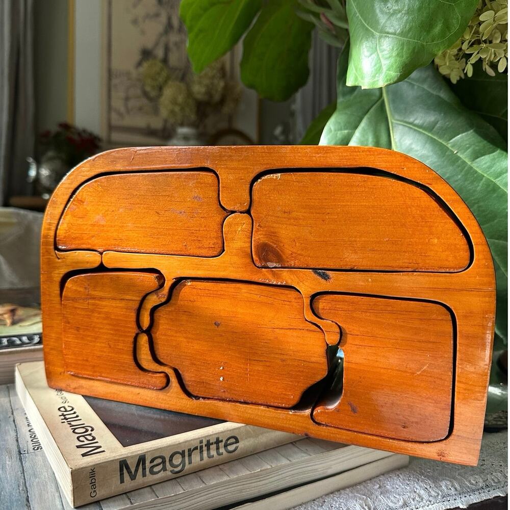 Vintage Wooden Jewelry Trinket Box Handmade Wave Artisan Wood unique puzzleREAD
